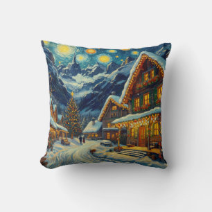 Starry Night Mountain Village Christmas Cushion