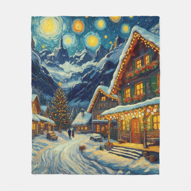 Starry Night Mountain Village Christmas Fleece Blanket (Front)
