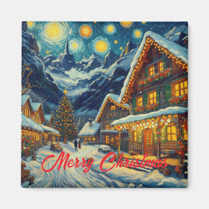 Starry Night Mountain Village Christmas Magnet