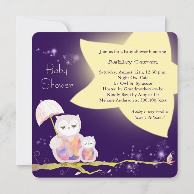 Starry Night Mum & Baby Owls Baby Shower Invitation (Front)
