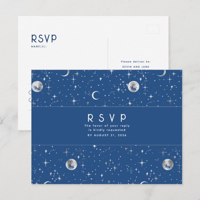 Starry Night Navy Blue and Silver Wedding RSVP Postcard (Front/Back)