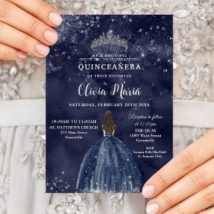 Starry Night Navy Blue Dress Silver Quinceañera Invitation