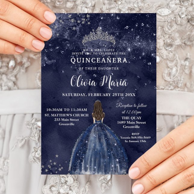Starry Night Navy Blue Dress Silver Quinceañera Invitation (Creator Uploaded)