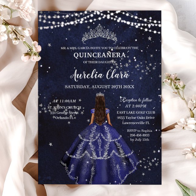 Starry Night Navy Blue Dress Silver Quinceañera Invitation (Creator Uploaded)