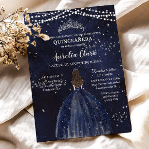 Starry Night Navy Blue Dress Silver Quinceañera Invitation