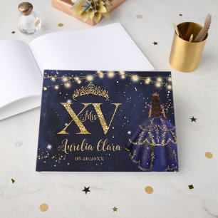 Starry Night Navy Blue Gold Princess Quinceañera Guest Book