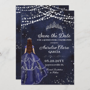 Starry Night Navy Blue Gown Silver Quinceañera Save The Date