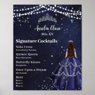 Starry Night Navy Blue Quinceanera Bar Drink Menu Poster