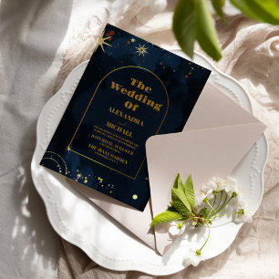 Starry Night Navy Blue Silver Glitter Wedding Invitation