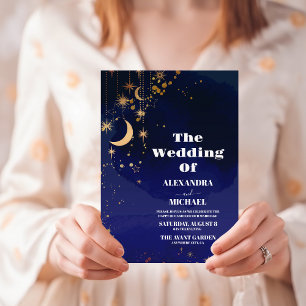Starry Night Navy Blue Silver Glitter Wedding Invitation