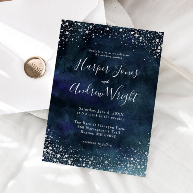 Starry Night Navy Blue Silver Glitter Wedding Invitation (Creator Uploaded)