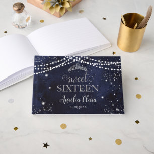 Starry Night Navy Blue Silver Sweet 16 Birthday Guest Book