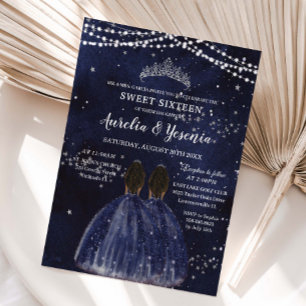 Starry Night Navy Blue Sweet 16 Twins Brown Girls Invitation