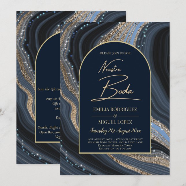 Starry Night Navy Gold Agate NUESTRA BODA Invite (Front/Back)