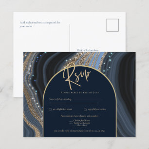 Starry Night Navy Gold Agate Wedding RSVP Postcard