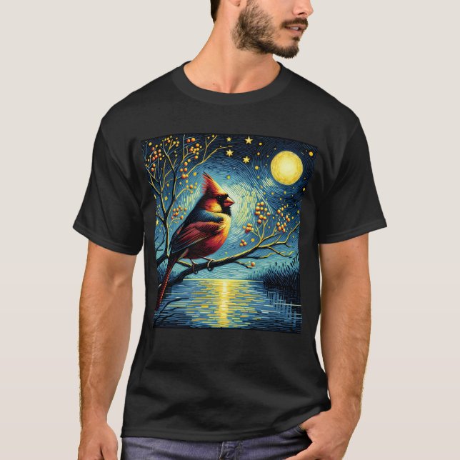 Starry Night Northern Cardinal Van Gogh Bird Lover T-Shirt (Front)