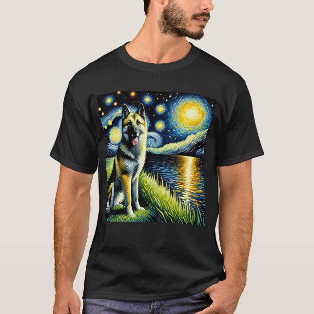 Starry Night Norwegian Elkhound Dog Van Gogh Lover T-Shirt (Front)