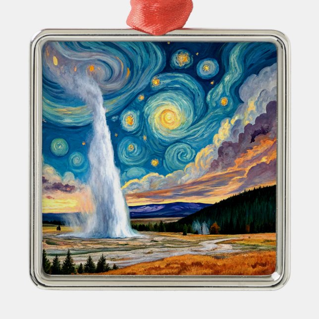 Starry Night Old Faithful Yellowstone Park Metal Tree Decoration (Front)