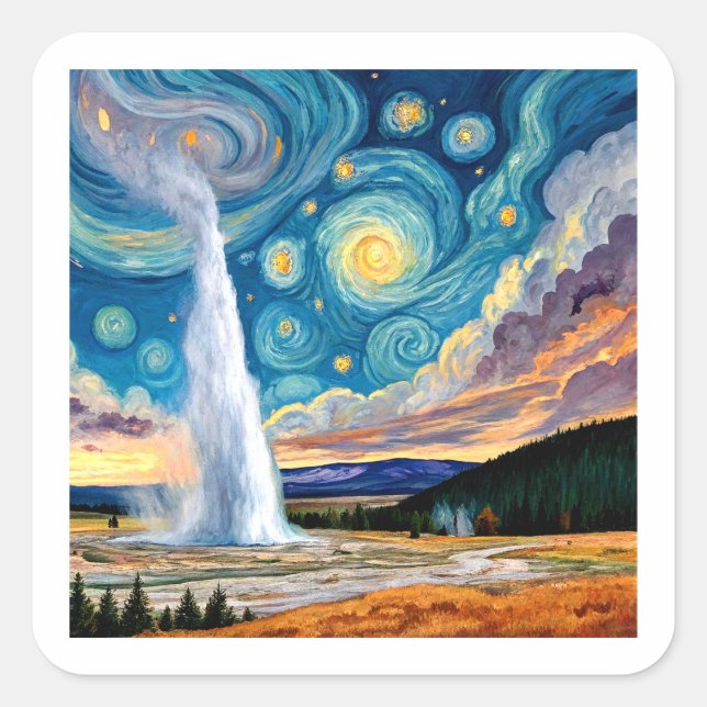 Starry Night Old Faithful Yellowstone Park Square Sticker (Front)