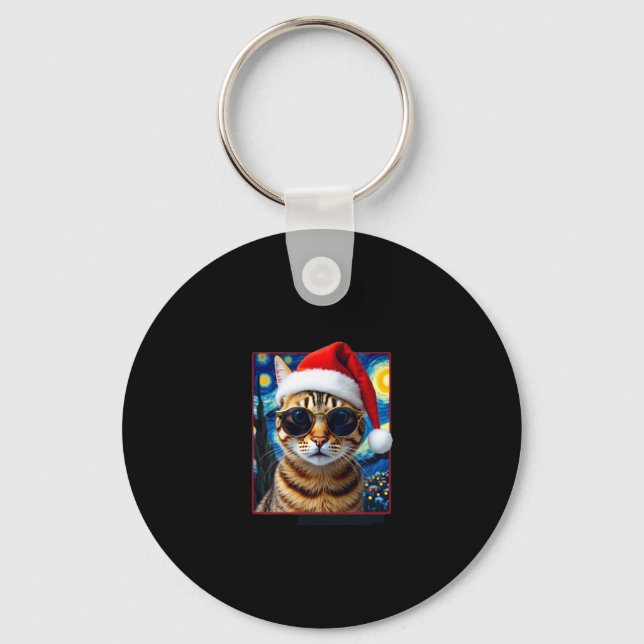 Starry Night Orange Tabby Cat Christmas Key Ring (Front)