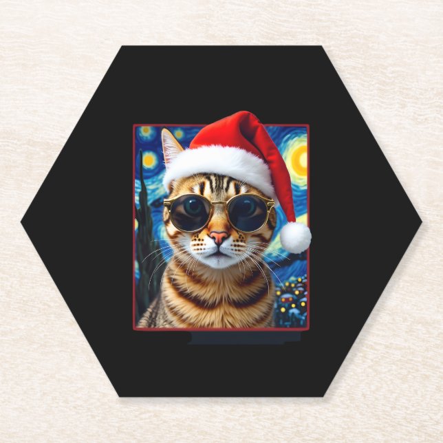 Starry Night Orange Tabby Cat Christmas Paper Coaster (Front)