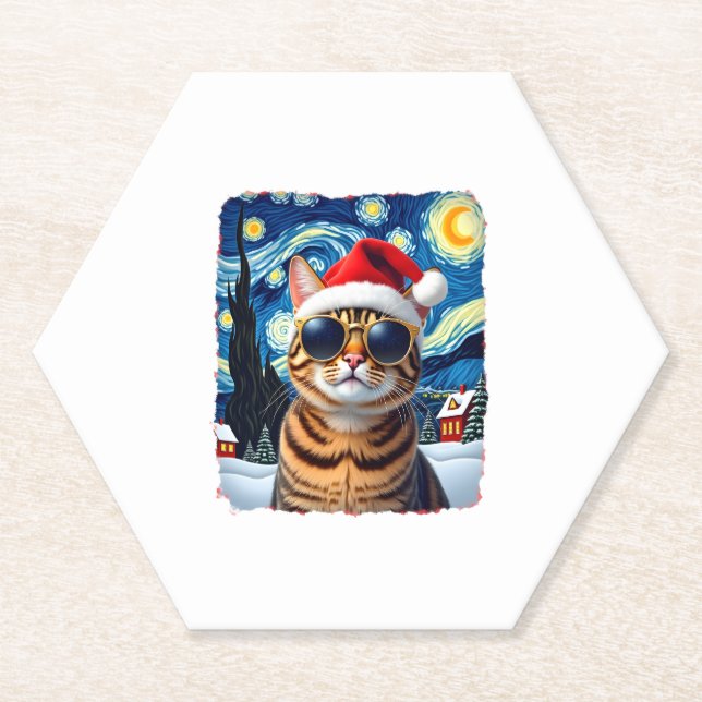 Starry Night Orange Tabby Cat Christmas Paper Coaster (Front)