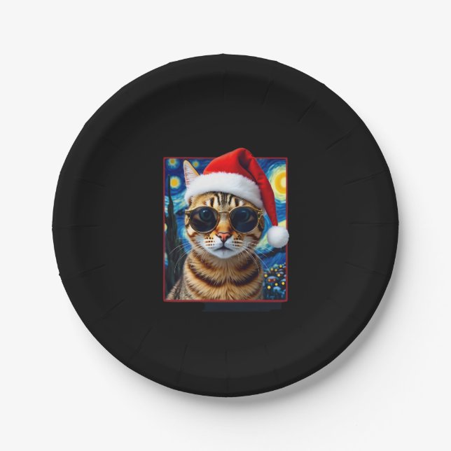 Starry Night Orange Tabby Cat Christmas Paper Plate (Front)