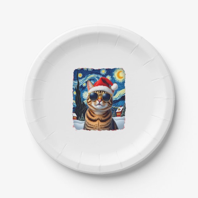 Starry Night Orange Tabby Cat Christmas Paper Plate (Front)