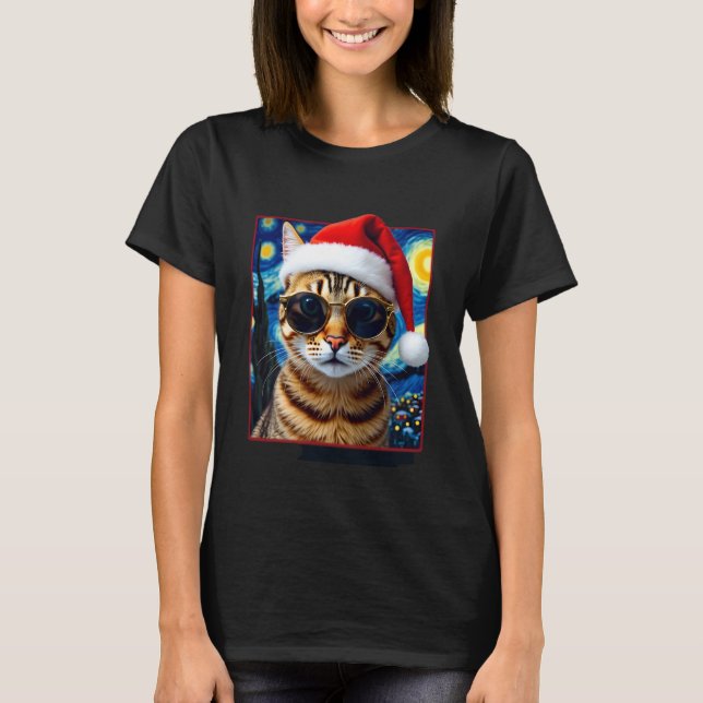 Starry Night Orange Tabby Cat Christmas T-Shirt (Front)