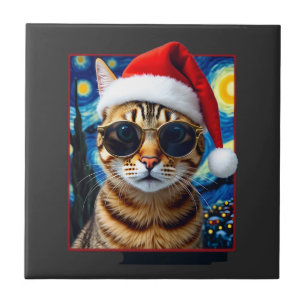 Starry Night Orange Tabby Cat Christmas Tile