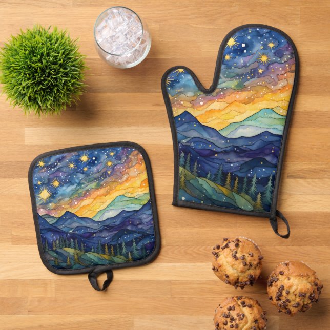 Starry Night Oven Mitt & Pot Holder Set (Top Down)