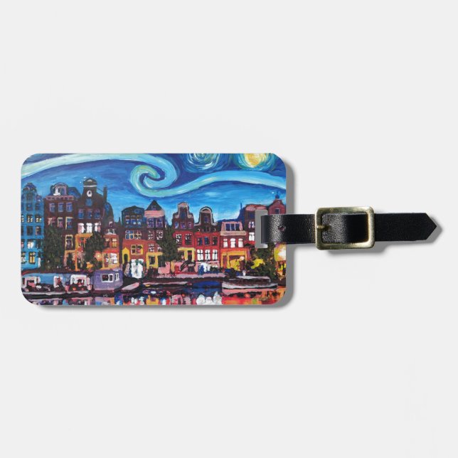 Starry Night over Amsterdam Canal Luggage Tag (Front Horizontal)
