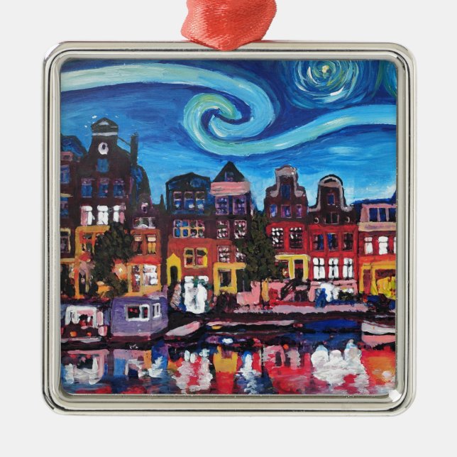 Starry Night over Amsterdam Canal Metal Tree Decoration (Front)