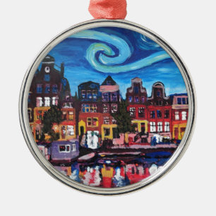 Starry Night over Amsterdam Canal Metal Tree Decoration