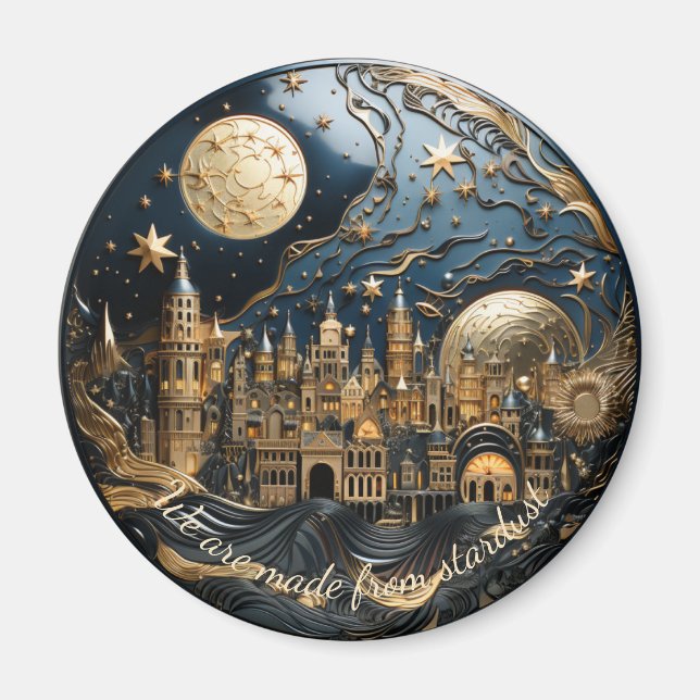 Starry night over cityscape 2 of 3 round magnet (Front)