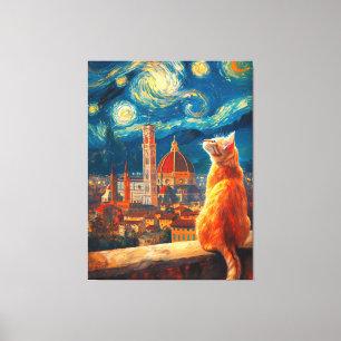 Starry Night Over Florence Ginger Cat Art Canvas Print