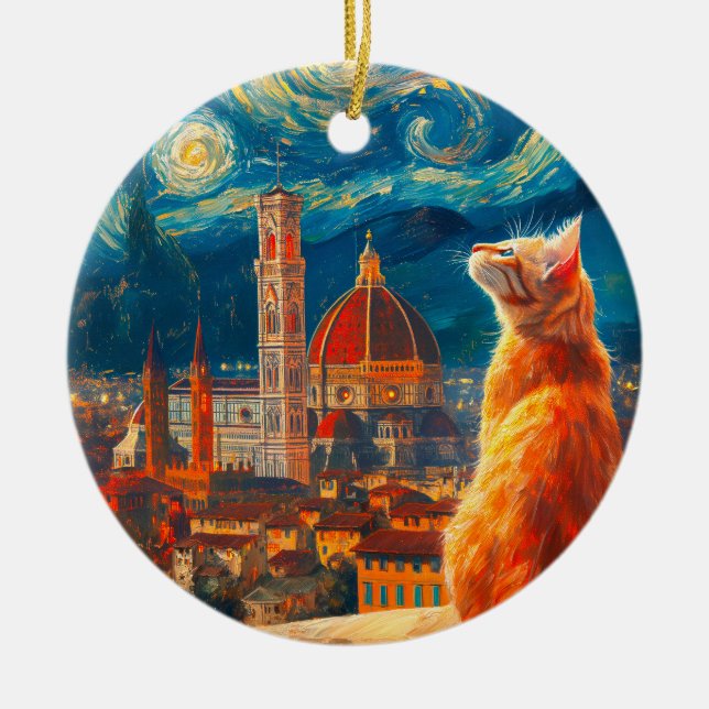 Starry Night Over Florence | Ginger Cat Art Ceramic Tree Decoration (Front)