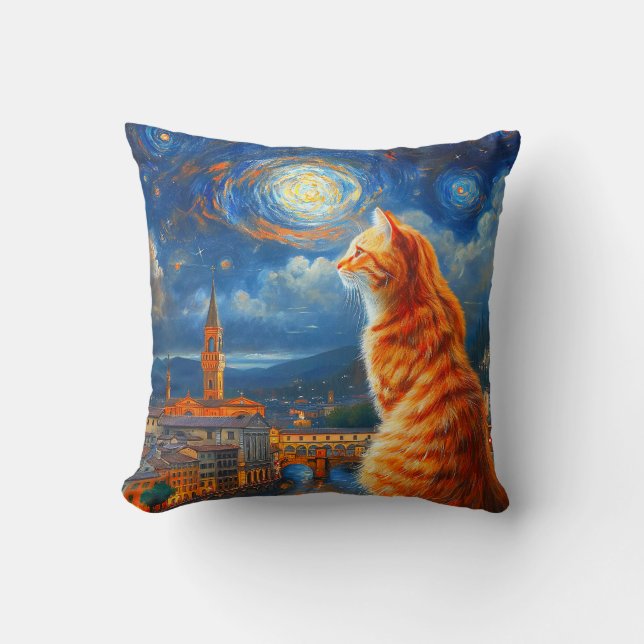 Starry Night Over Florence | Ginger Cat Art Cushion (Front)