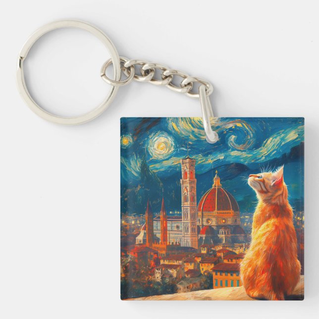 Starry Night Over Florence | Ginger Cat Art Key Ring (Front)