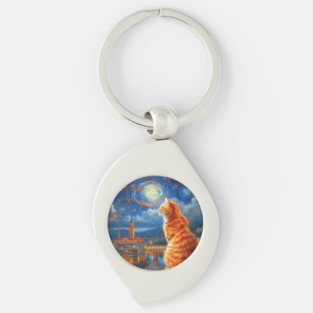 Starry Night Over Florence | Ginger Cat Art Key Ring (Front)