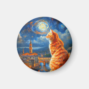 Starry Night Over Florence Ginger Cat Art Magnet