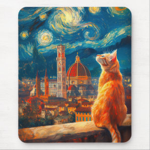 Starry Night Over Florence Ginger Cat Art Mouse Mat