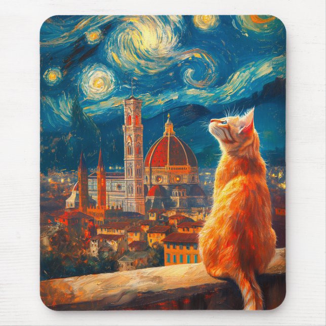 Starry Night Over Florence | Ginger Cat Art Mouse Mat (Front)
