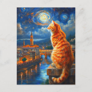 Starry Night Over Florence Ginger Cat Art Postcard