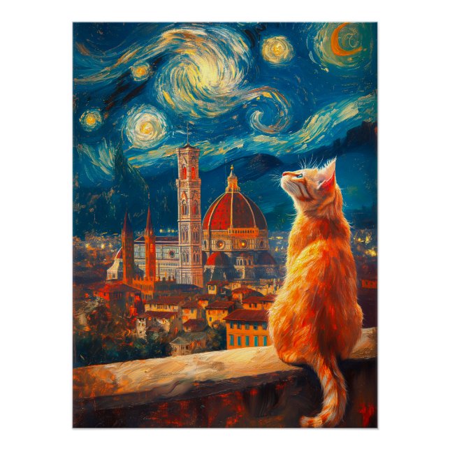 Starry Night Over Florence | Ginger Cat Art Poster (Front)