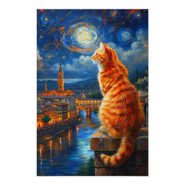 Starry Night Over Florence | Ginger Cat Art Poster (Front)