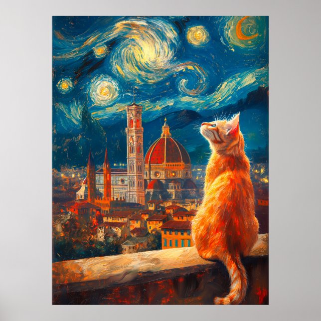 Starry Night Over Florence | Ginger Cat Art Poster (Front)