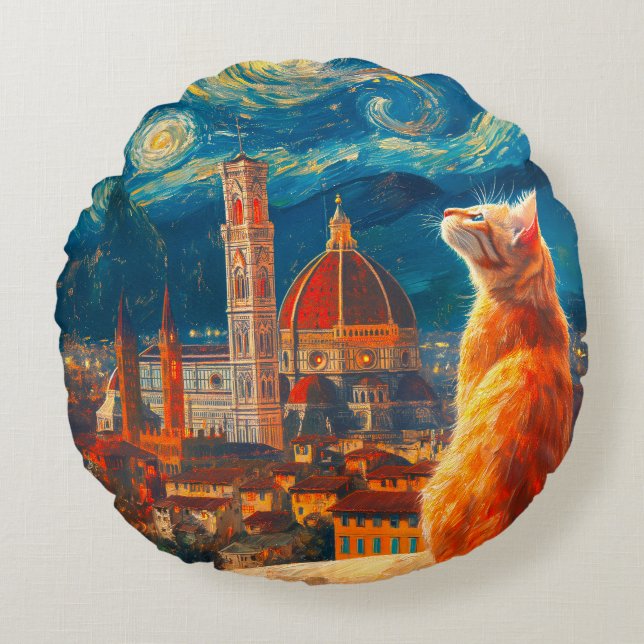 Starry Night Over Florence | Ginger Cat Art Round Cushion (Front)