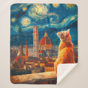 Starry Night Over Florence Ginger Cat Art Sherpa Blanket