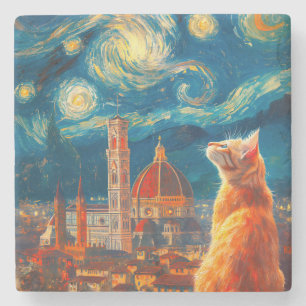 Starry Night Over Florence Ginger Cat Art Stone Coaster